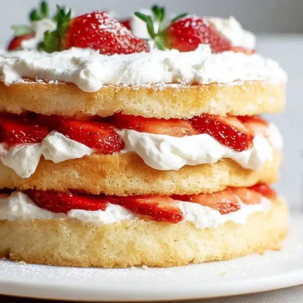 A three-layer homemade vanilla sponge cake filled with thick whipped cream and fresh sliced strawberries, topped with more cream and whole berries.
