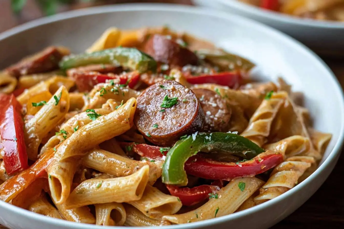 A close-up of a white bowl filled with creamy Cajun Sausage Pasta, featuring sliced sausage and colorful bell peppers.