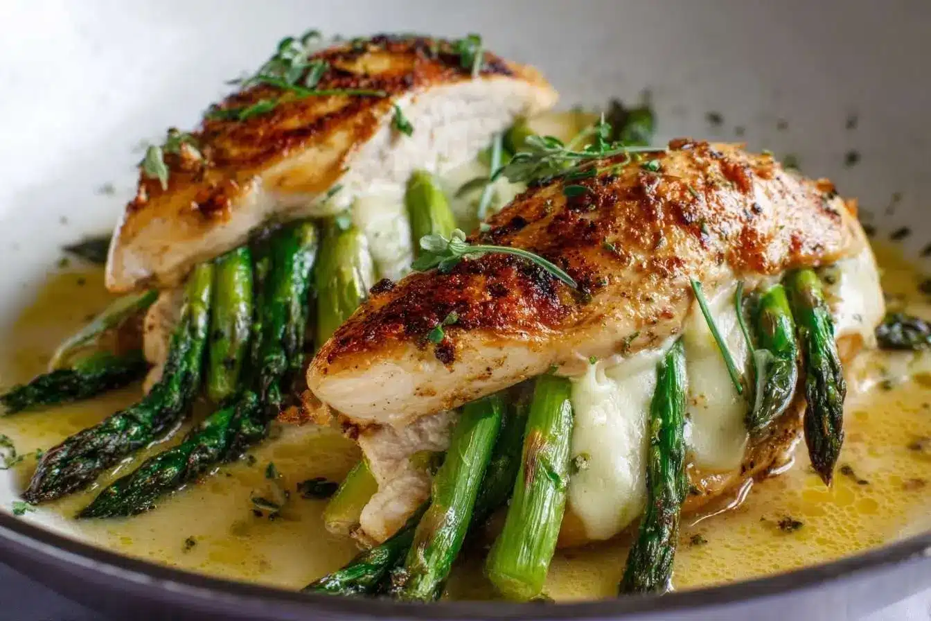 A close-up of golden-brown Asparagus Stuffed Chicken, sliced to show melted cheese and tender asparagus spears inside.