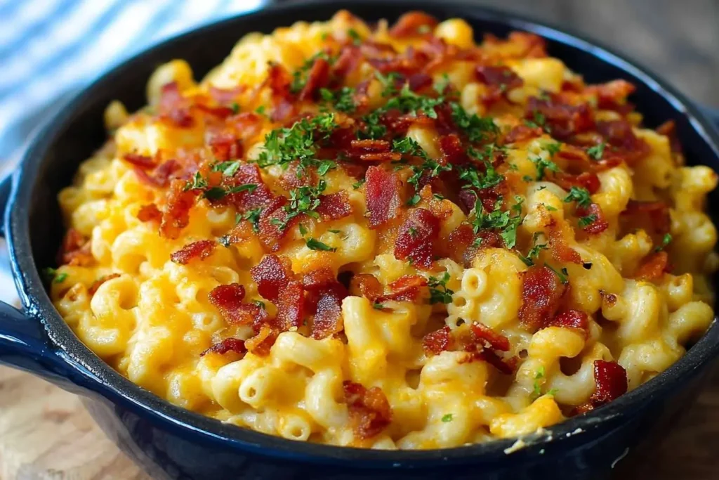 A close-up of creamy bacon mac and cheese in a dark skillet, topped with crispy bacon crumbles and fresh parsley.
