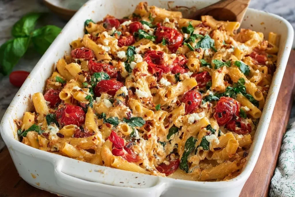 A white baking dish filled with creamy Baked Feta Pasta, tossed with roasted cherry tomatoes and fresh spinach.