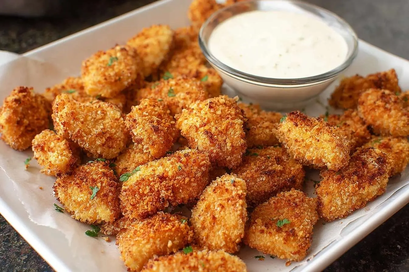A white plate of golden-brown baked chicken nuggets, garnished with parsley and served with a creamy dipping sauce.