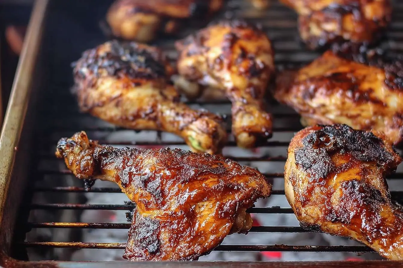 Deliciously charred and glazed chicken pieces sizzling on a grill, the result of a perfect grilled chicken recipe.