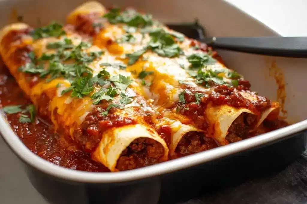 A close-up of a baking dish filled with cheesy Beef Enchiladas, covered in red sauce and fresh cilantro, ready to be served.