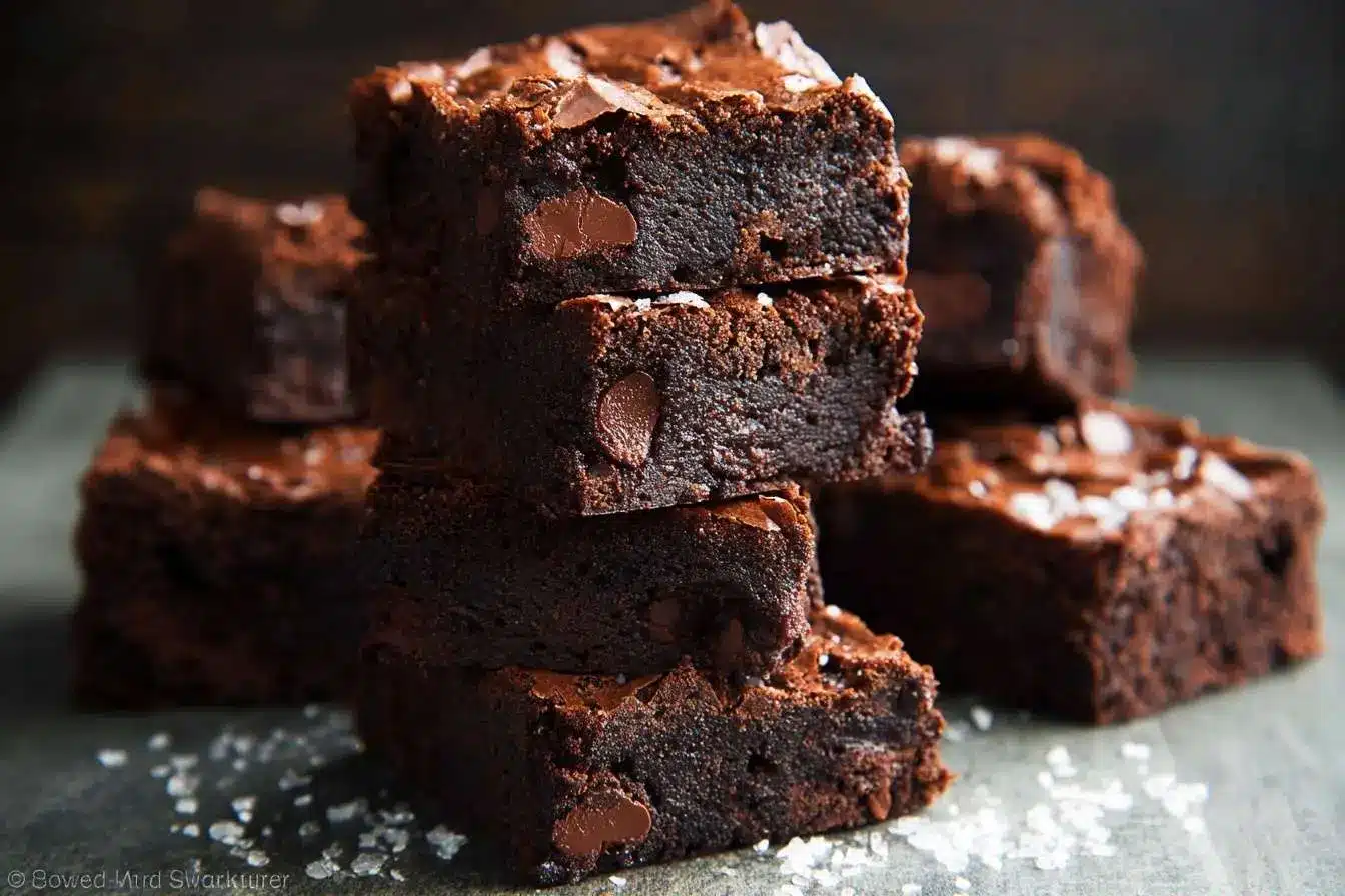 A close-up stack of rich, chocolate {{ $('Fetch Recipe Data').first().json["Main Keyword"] }} studded with chocolate chips and sprinkled with sea salt.