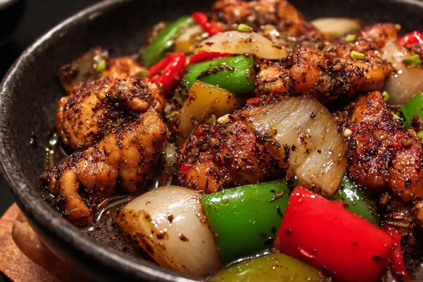 A close-up of a sizzling bowl of Black Pepper Chicken with fresh bell peppers and onions.