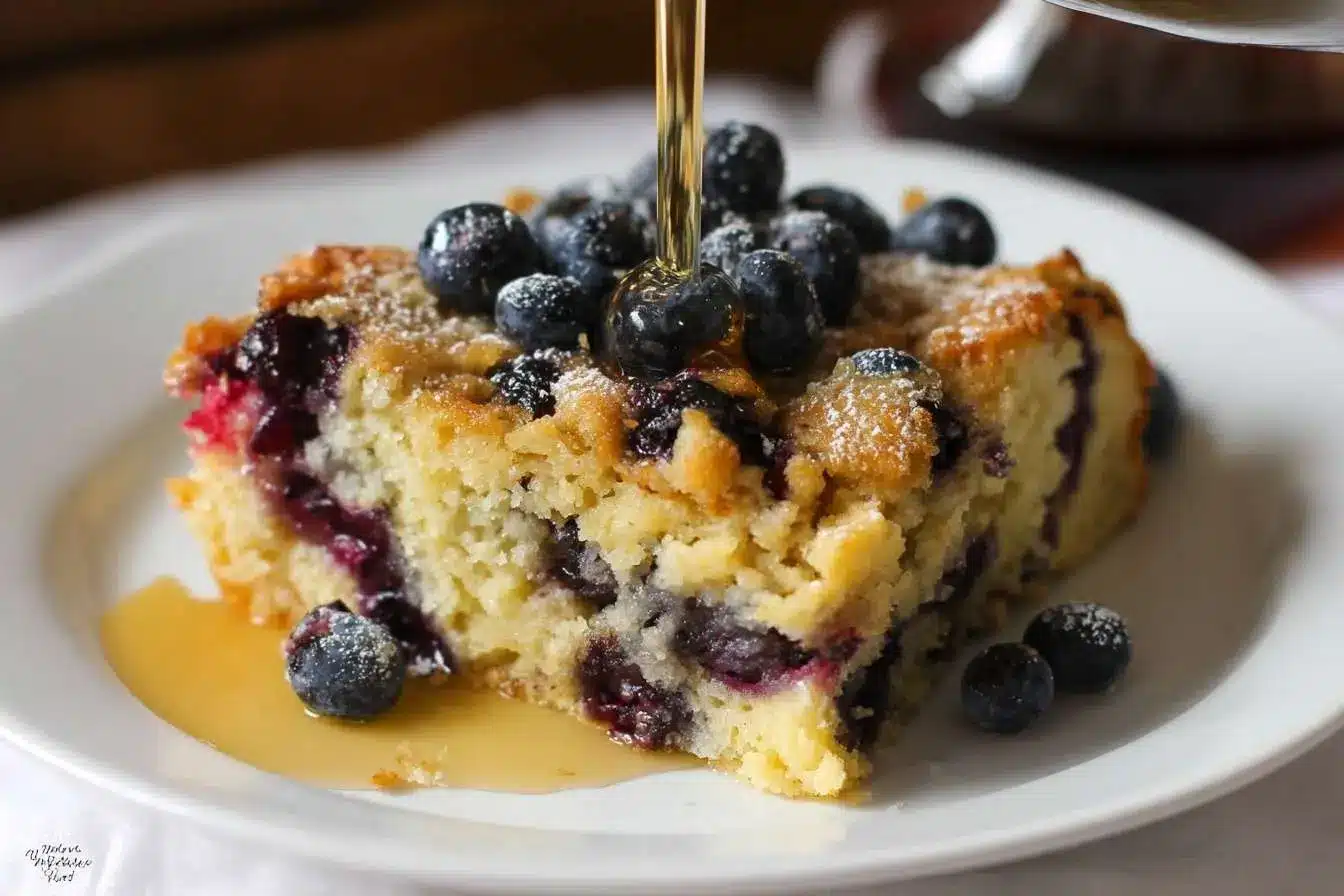 A slice of fluffy Blueberry Pancake Casserole on a white plate, being drizzled with maple syrup and topped with fresh berries.