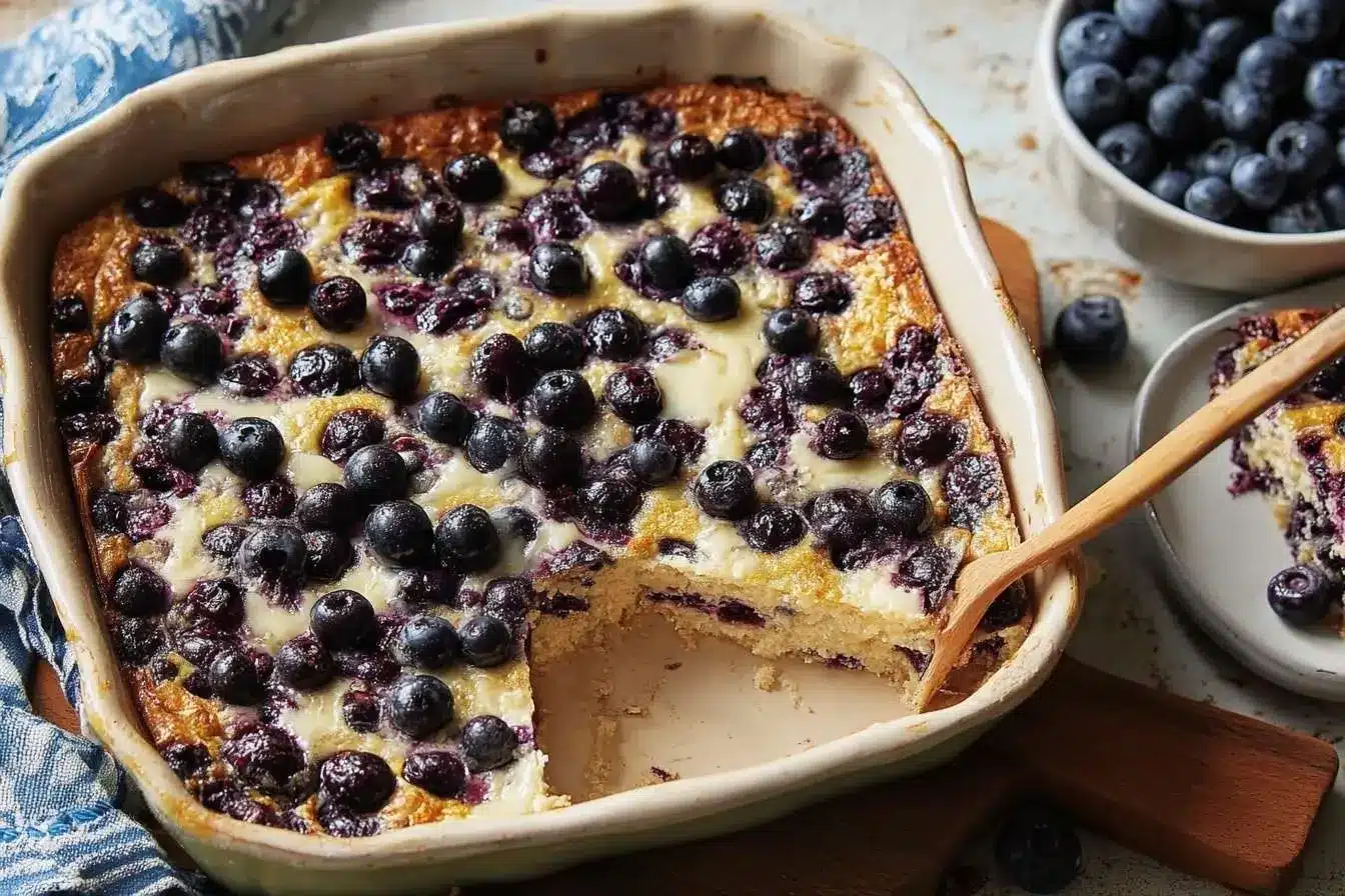 A golden Blueberry Baked Oatmeal in a square baking dish, with one slice removed to show the soft, cake-like texture inside.
