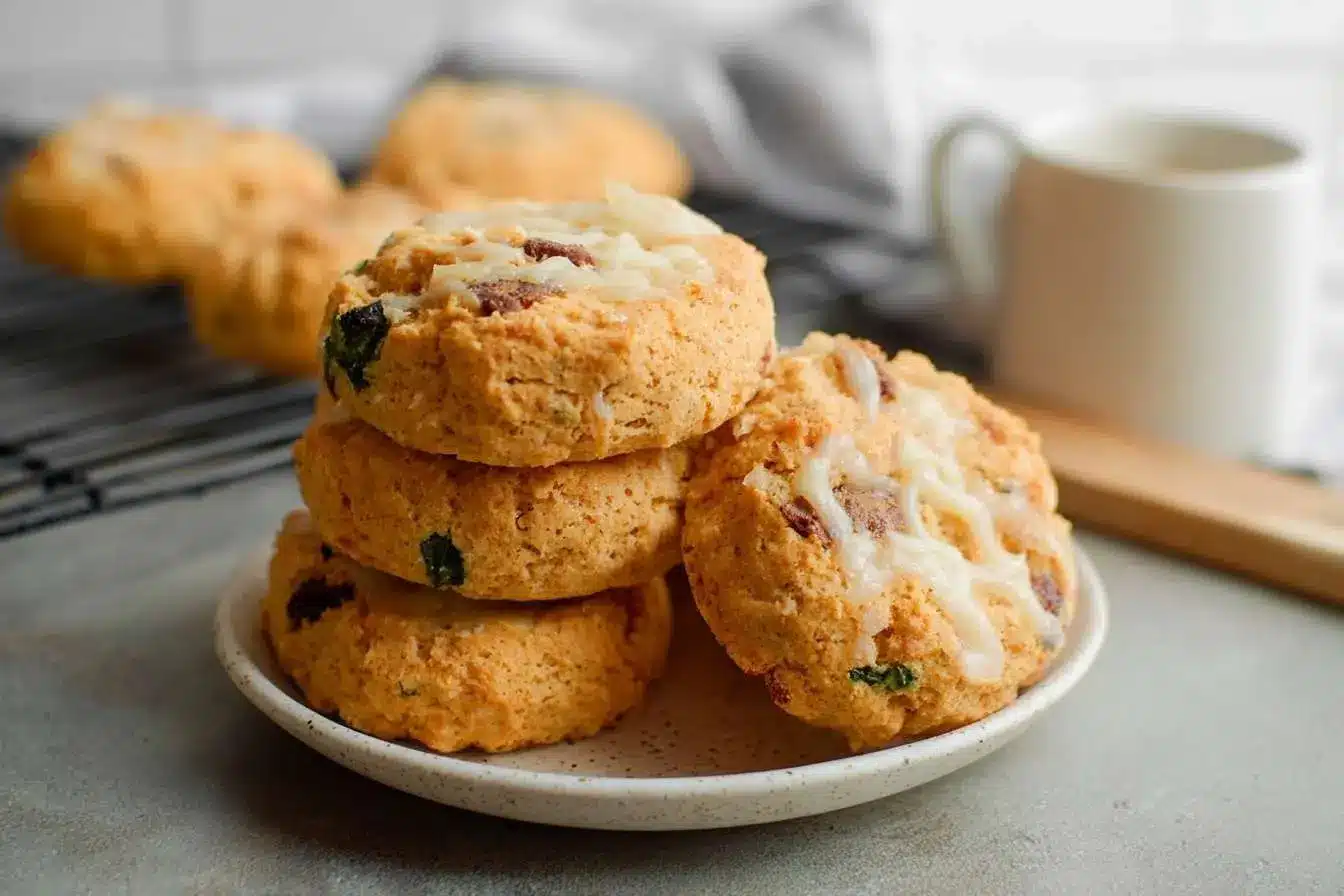 A close-up of a stack of freshly baked bacon cheddar scones on a white plate, with a coffee mug in the background.