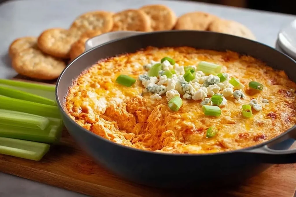 A skillet of creamy, baked Buffalo Chicken Dip topped with blue cheese and green onions, served with celery and crackers.