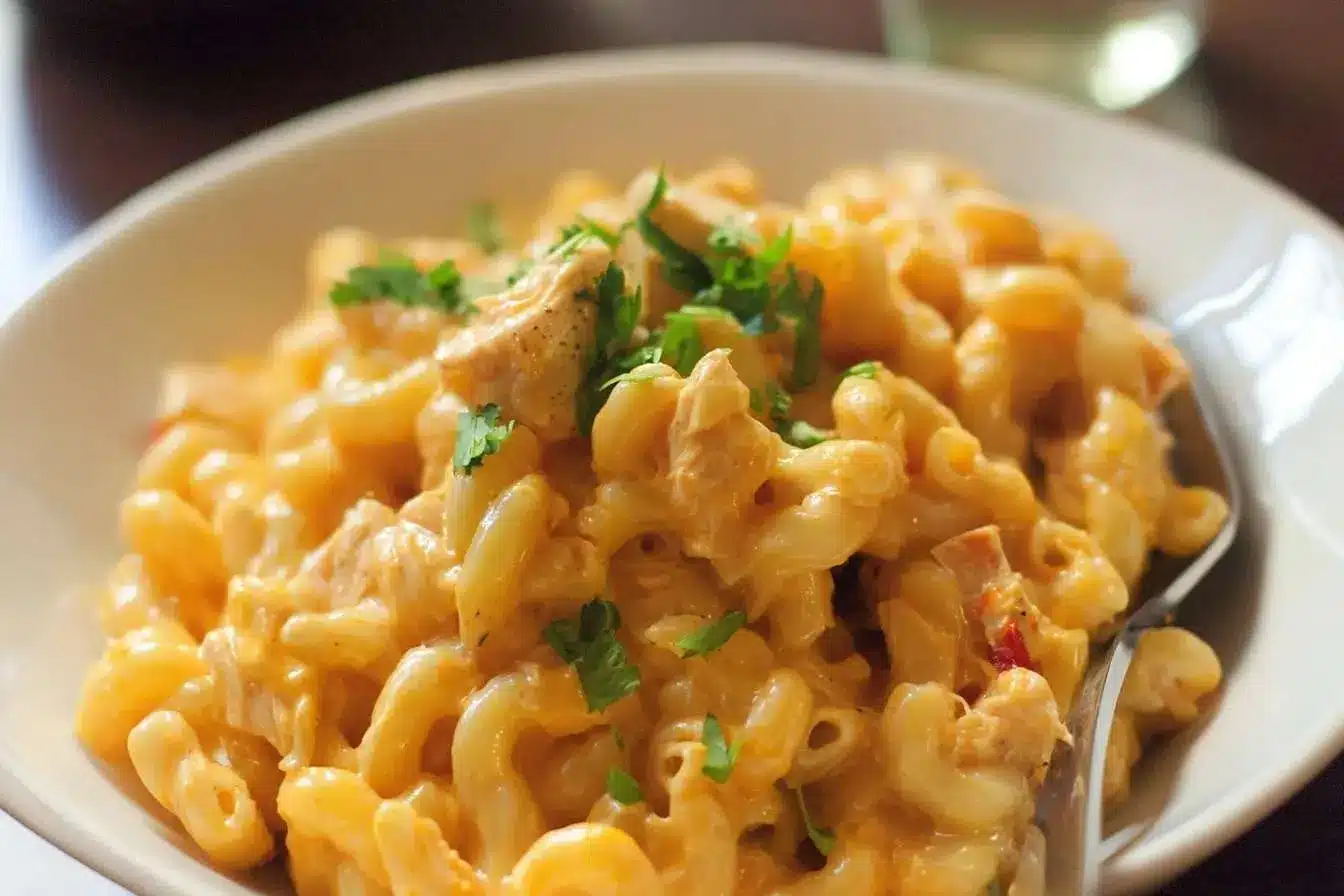 A close-up of a white bowl filled with creamy chicken mac and cheese, garnished with fresh parsley and ready to be eaten.