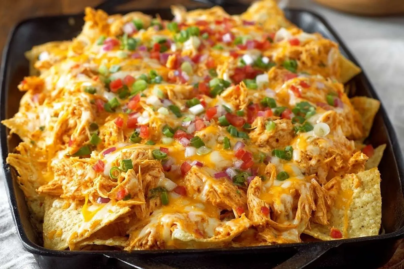 A close-up of a cast-iron skillet filled with loaded chicken nachos, topped with melted cheese, tomatoes, and green onions.
