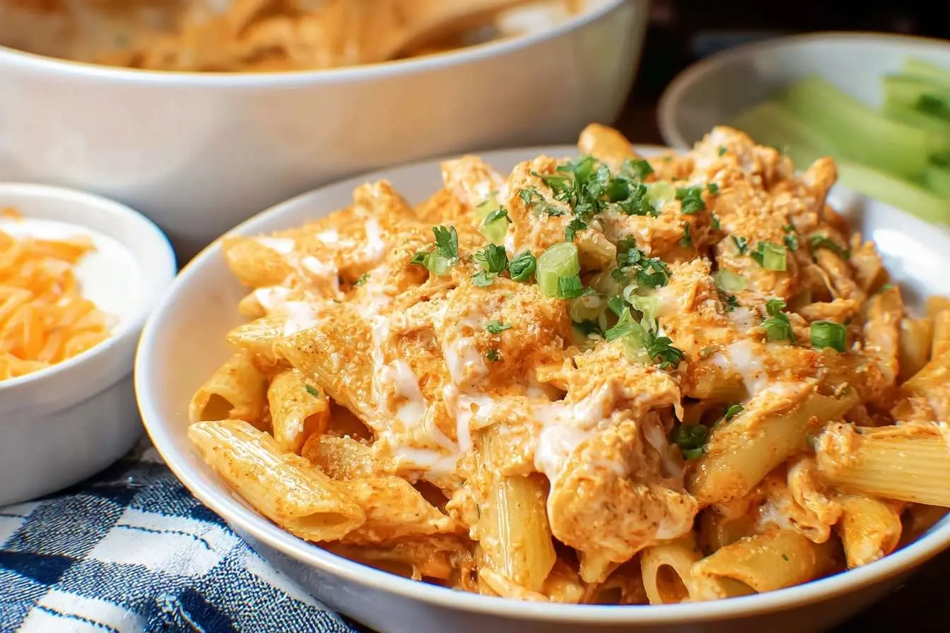 A close-up shot of a white bowl filled with creamy Buffalo Chicken Pasta, garnished with green onions and a drizzle of ranch dressing.