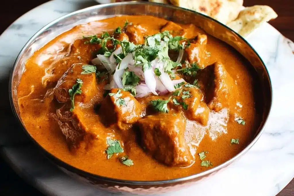 A close-up shot of a delicious bowl of creamy Butter Chicken, garnished with fresh cilantro and sliced red onions.