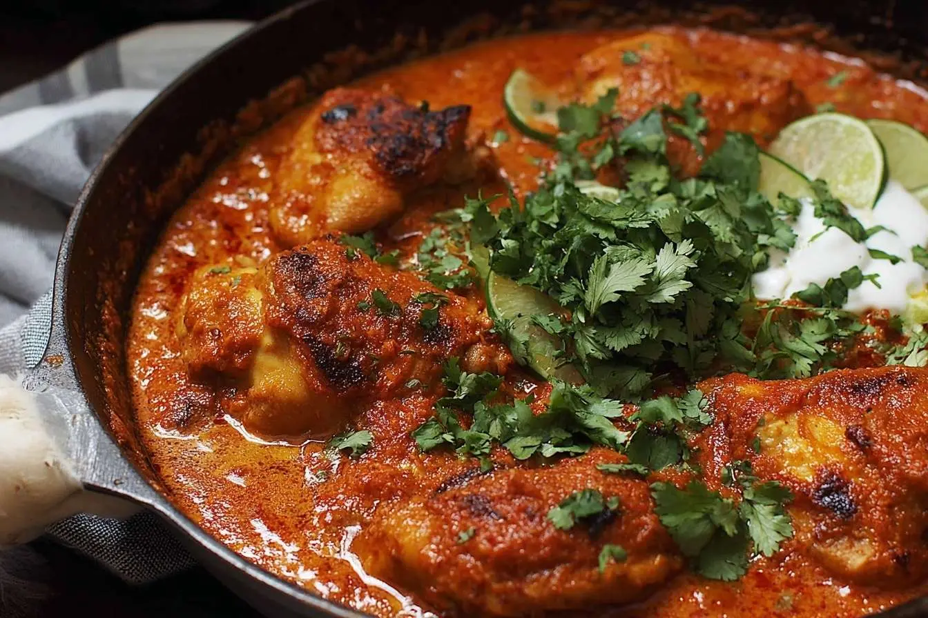 A close-up of a skillet filled with creamy Butter Chicken, garnished with fresh cilantro, lime wedges, and yogurt.