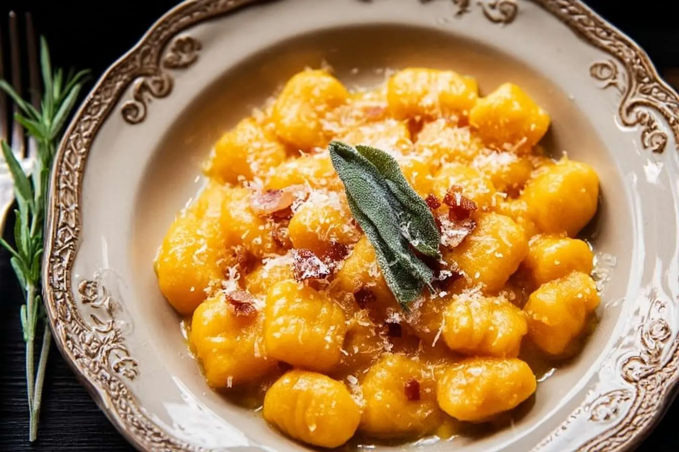 A rustic bowl of homemade pumpkin gnocchi topped with crispy bacon, fresh sage, and a sprinkle of grated Parmesan cheese.