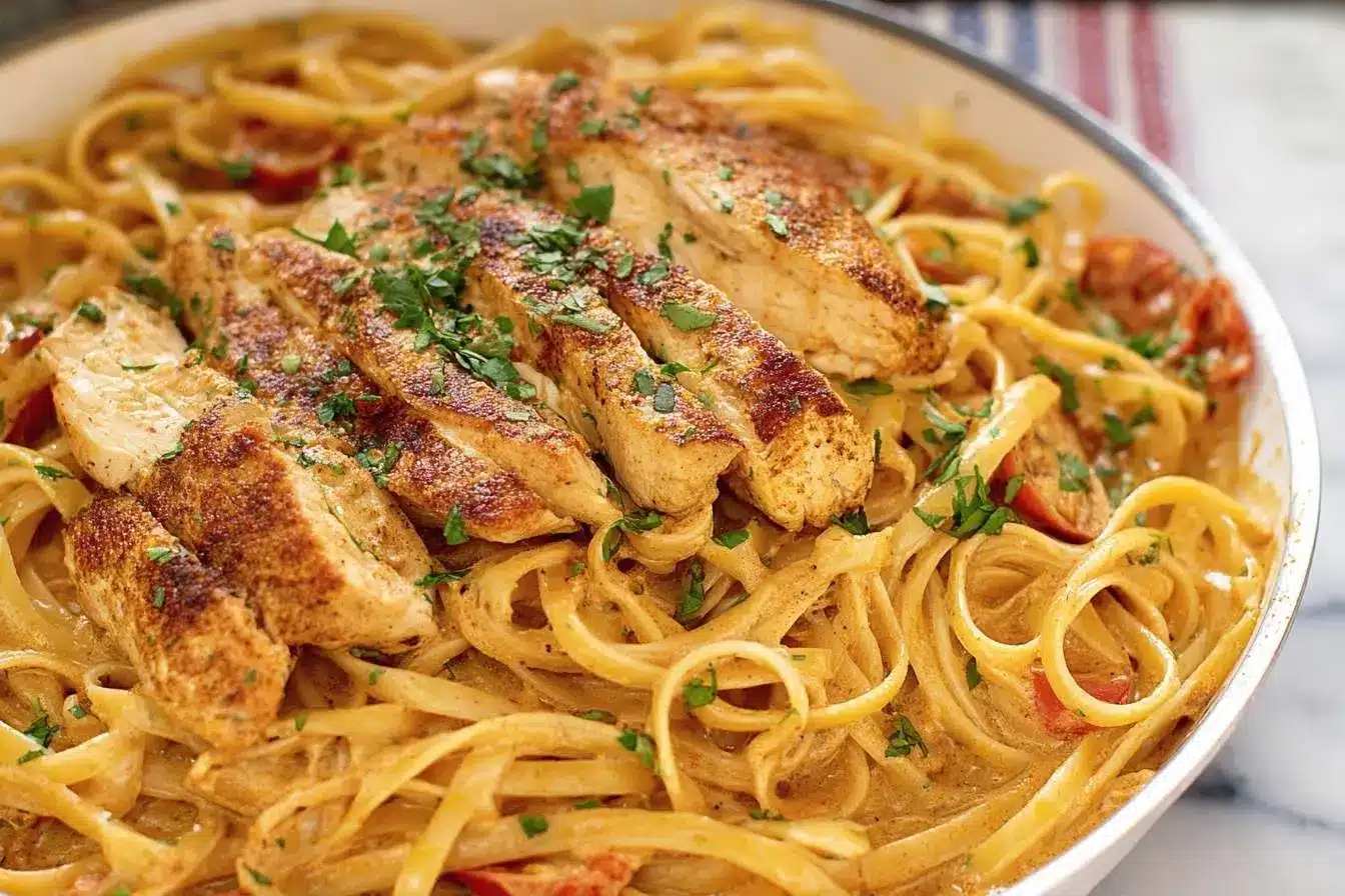 A close-up shot of a skillet filled with creamy Cajun Chicken Pasta, topped with sliced seasoned chicken and fresh parsley.