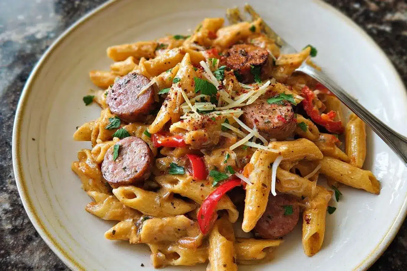 A close-up of a bowl of creamy Cajun Sausage Pasta with penne, sliced sausage, and peppers, topped with parmesan cheese.