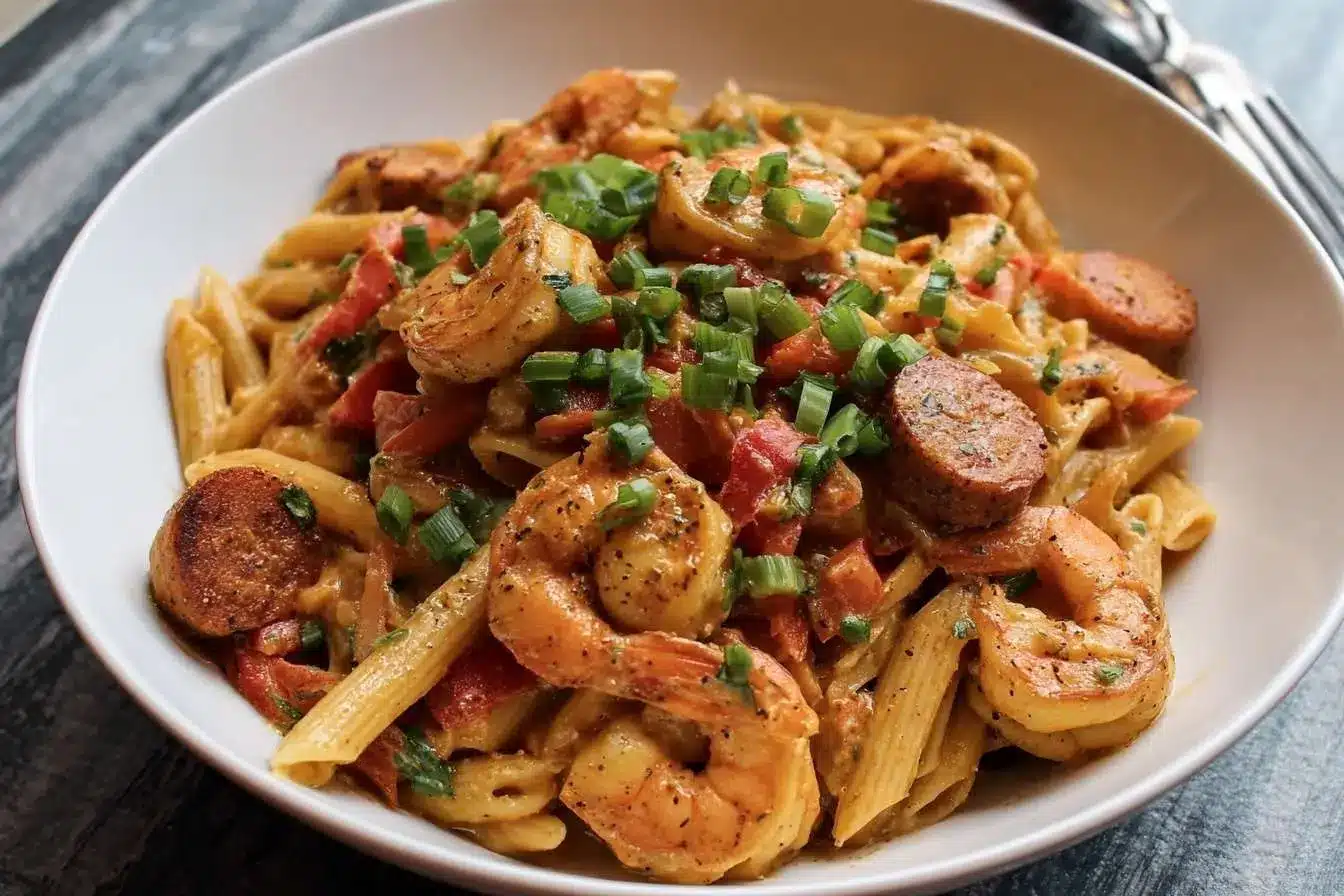 A white bowl filled with creamy Cajun Shrimp and Sausage Pasta, garnished with fresh chopped green onions.