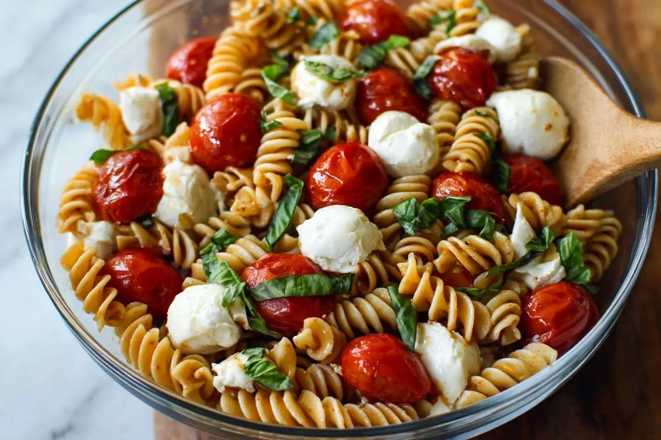 A close-up of a glass bowl filled with Caprese Pasta Salad, featuring fusilli pasta, roasted cherry tomatoes, and fresh mozzarella.