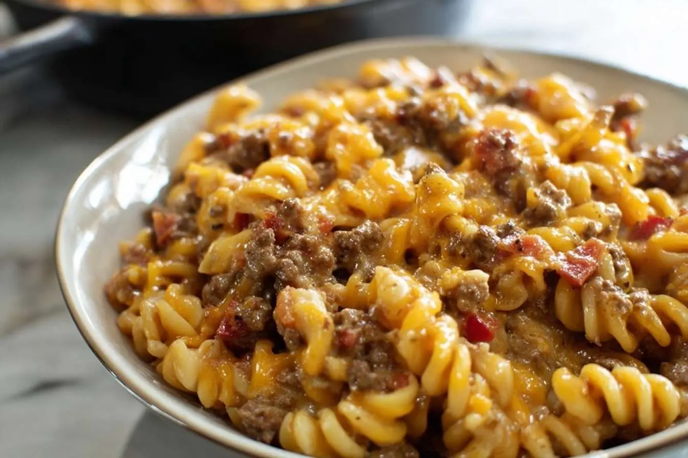 A close-up shot of a white bowl filled with Cheesy Beef and Macaroni, featuring spiral pasta, ground beef, and melted cheese.