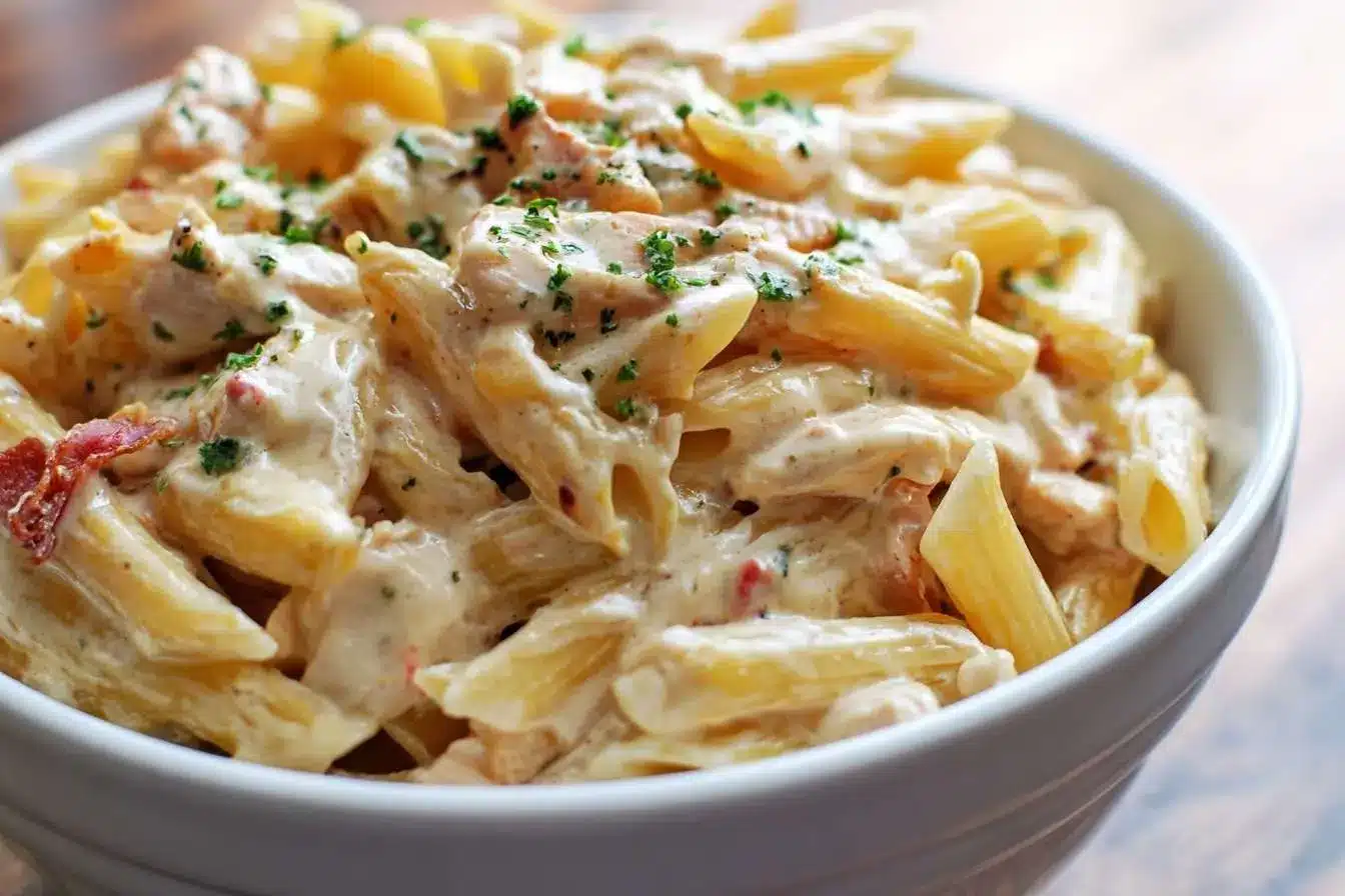 A close-up shot of a white bowl filled with creamy Chicken Bacon Ranch Pasta, garnished with fresh parsley.