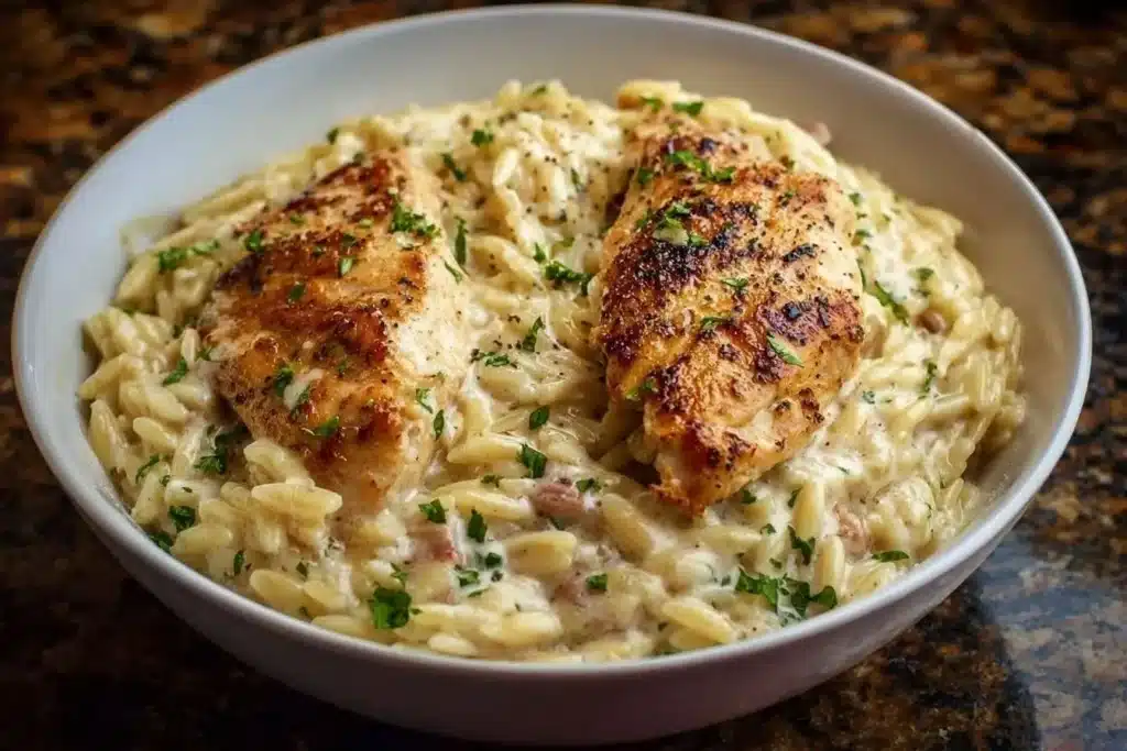 A white bowl of creamy chicken orzo topped with two seared chicken breasts and garnished with fresh parsley.