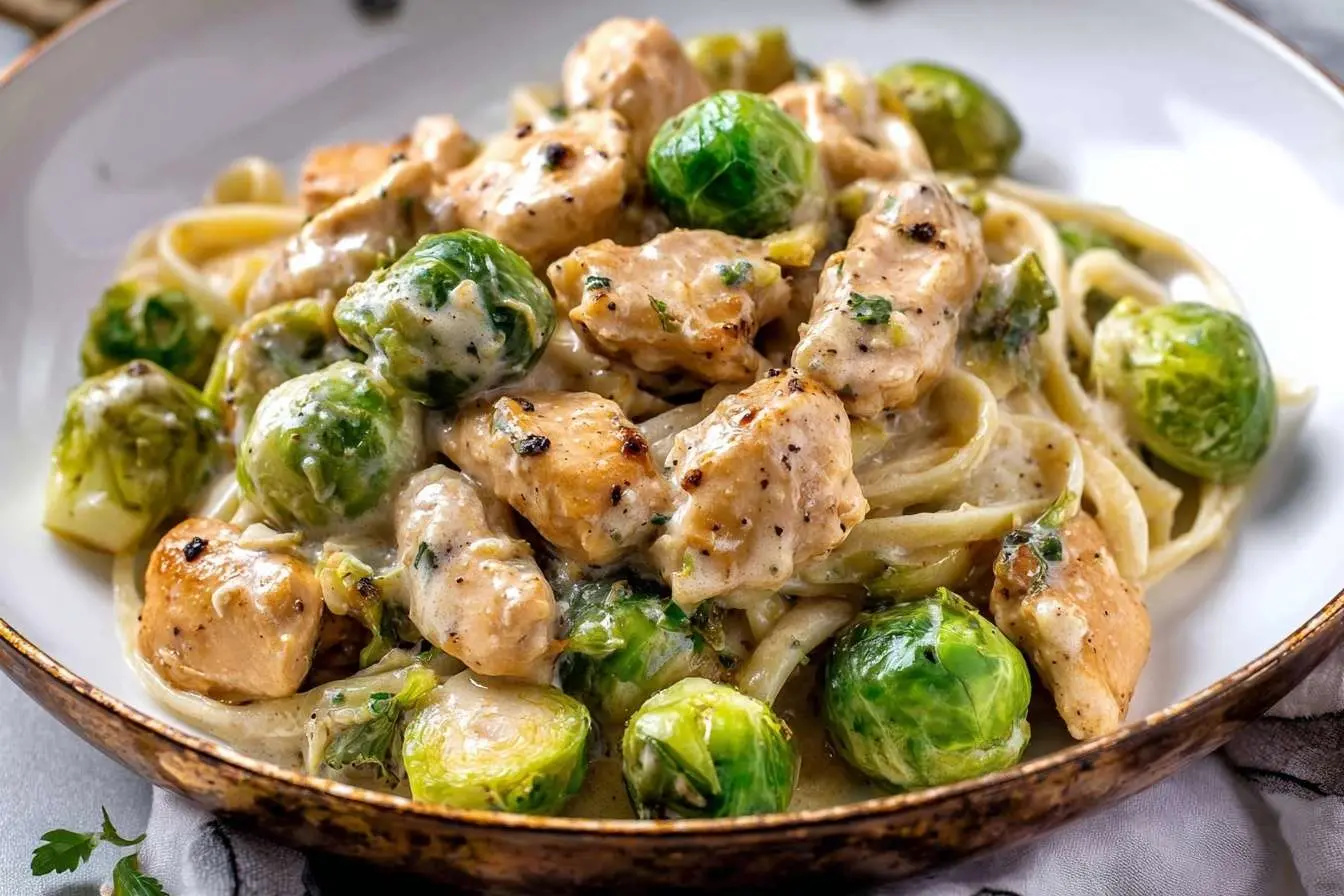 A close-up of a rustic pan filled with creamy chicken and Brussels sprout pasta, ready to be served.
