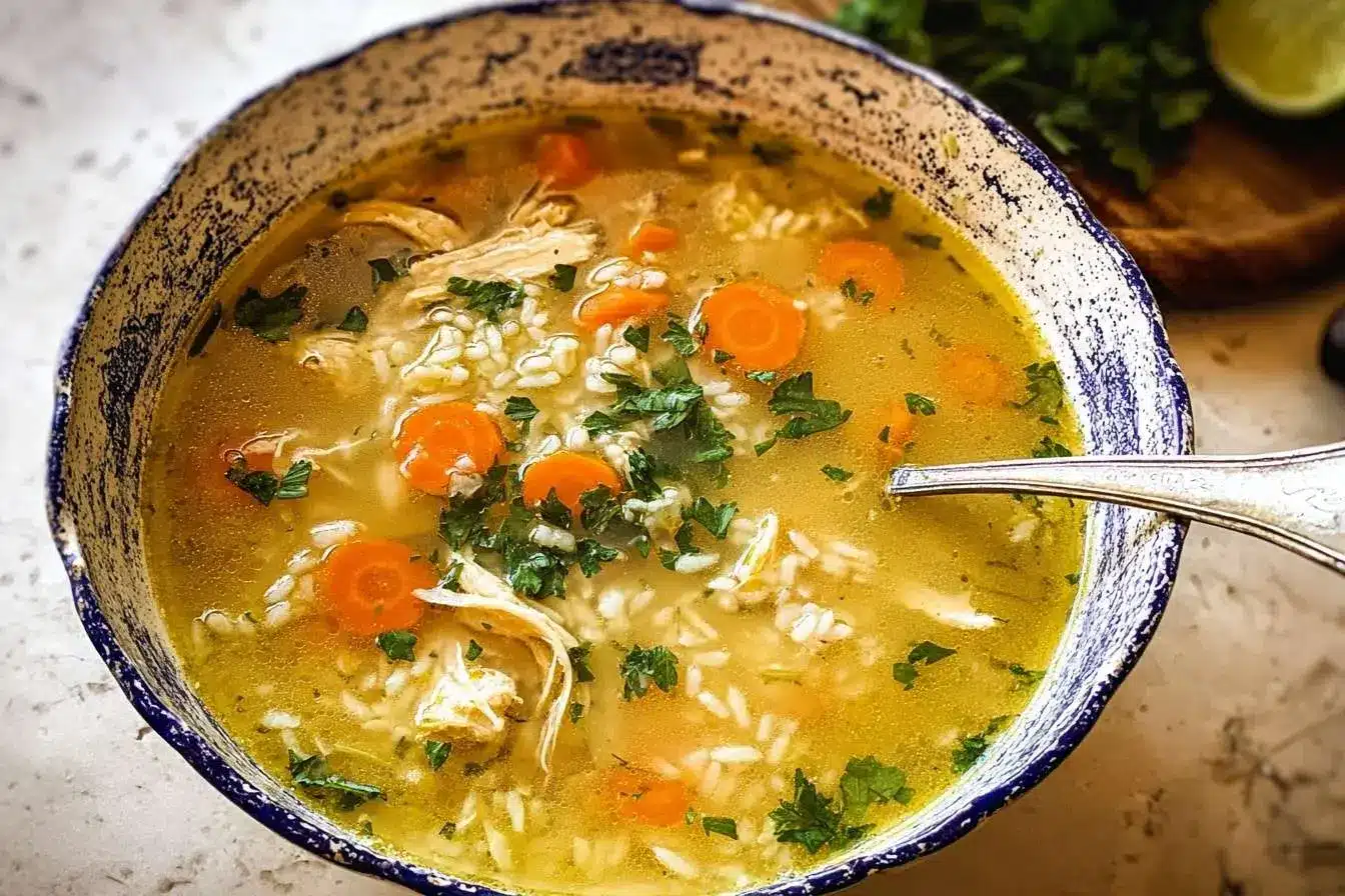 A rustic blue and white bowl filled with homemade Chicken and Rice Soup, with carrots, shredded chicken, and fresh parsley.