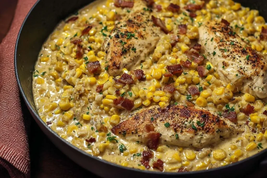 A close-up of a Creamy Bacon Chicken and Corn Skillet in a black pan, topped with fresh parsley and crispy bacon bits.