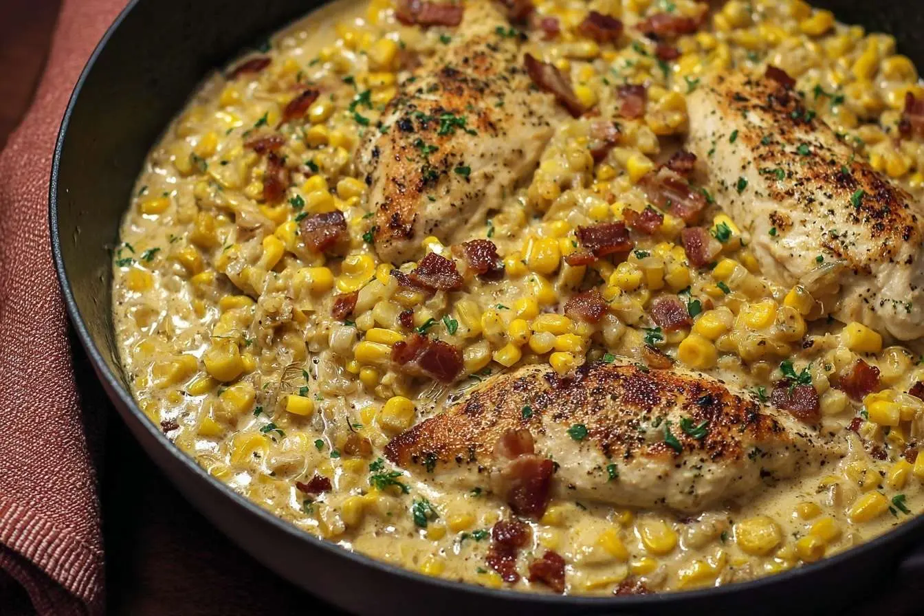 A close-up of a Creamy Bacon Chicken and Corn Skillet in a black pan, topped with fresh parsley and crispy bacon bits.