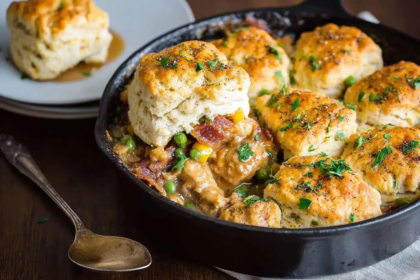 A rustic cast iron skillet filled with a warm chicken and biscuit casserole, topped with golden-brown biscuits and fresh parsley.