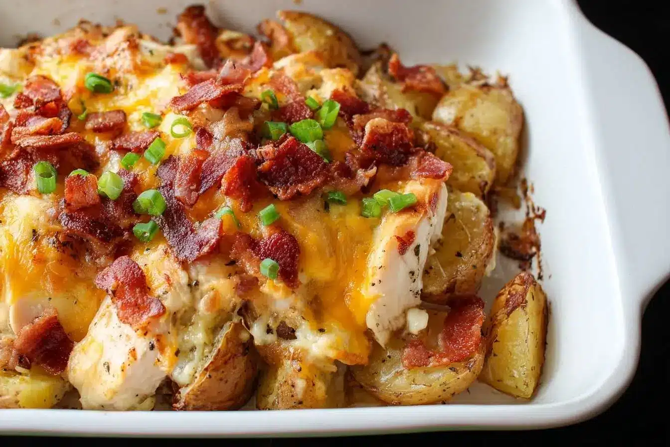 A close-up of a cheesy chicken bacon ranch casserole in a white baking dish, topped with crispy bacon and fresh green onions.