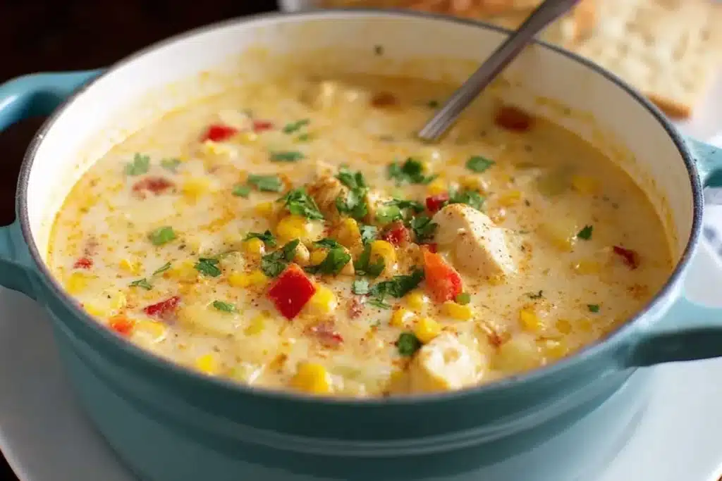 A teal Dutch oven filled with creamy Chicken Corn Chowder, featuring chunks of chicken, corn, and red pepper, garnished with herbs.