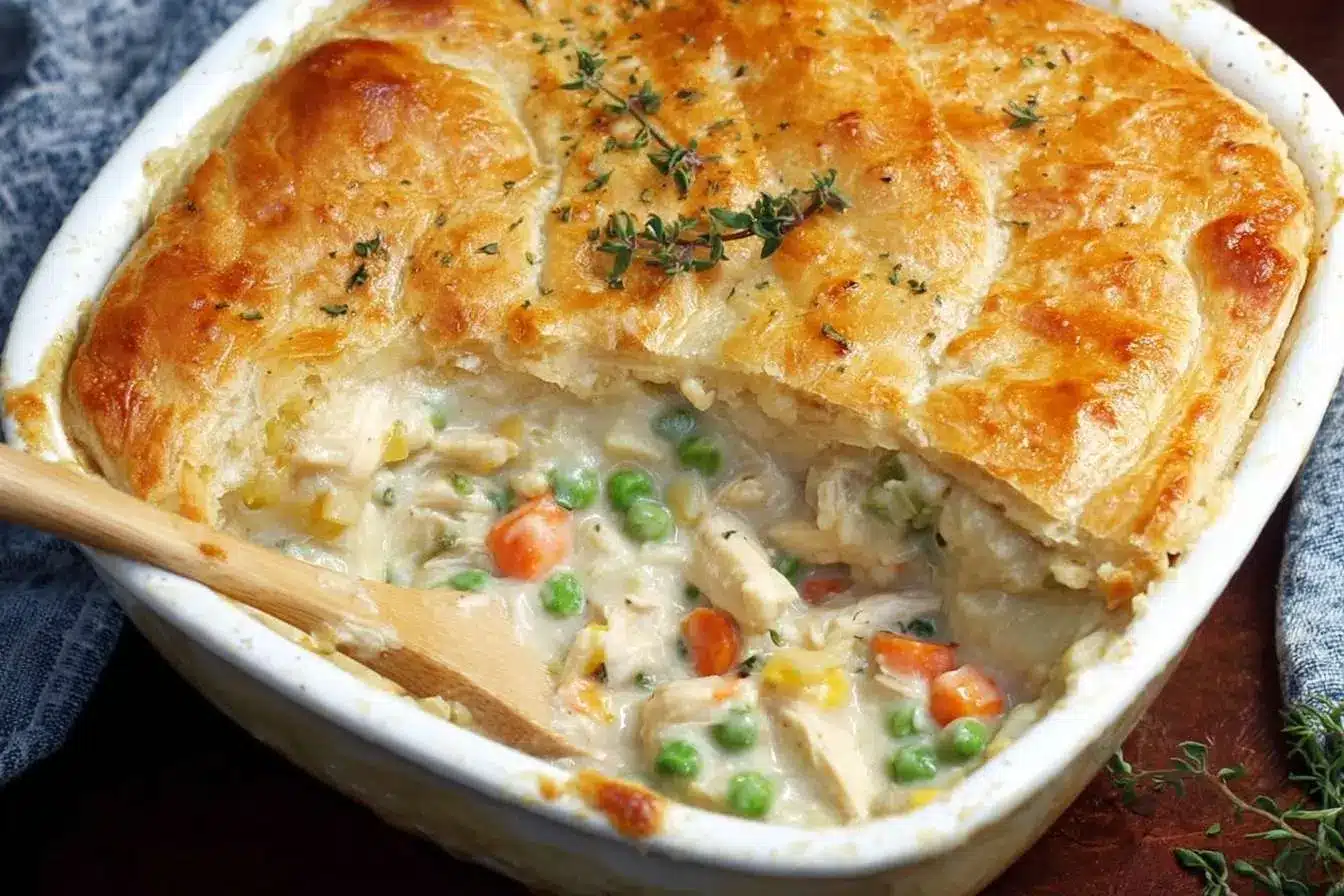 A golden-brown chicken pot pie in a white dish, with a spoon revealing the creamy chicken and vegetable filling.