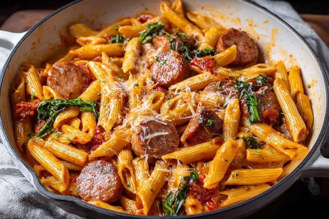 A white skillet filled with delicious Sausage and Broccoli Rabe Pasta, topped with grated parmesan cheese.