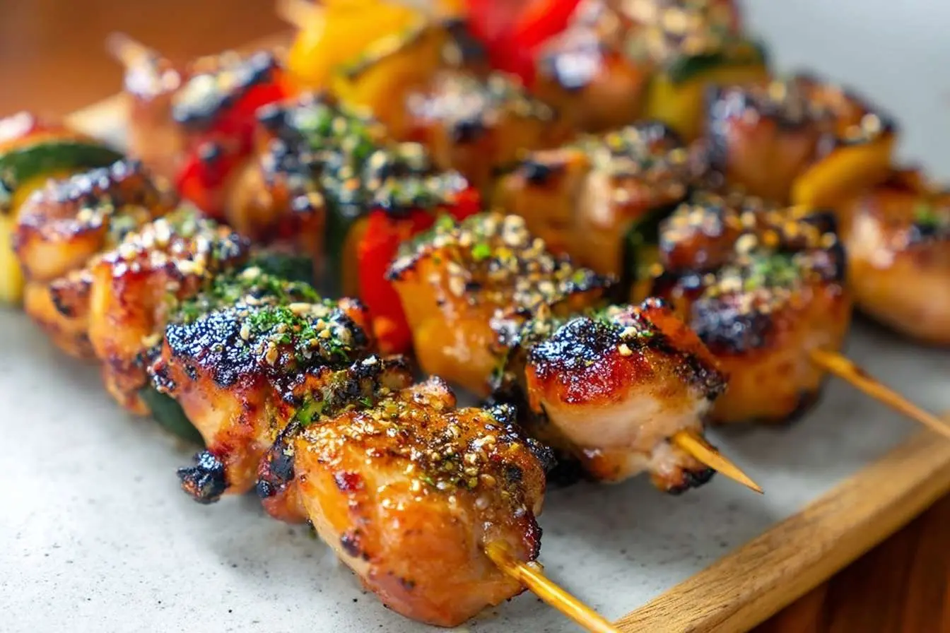 A close-up shot of several grilled chicken skewers with colorful bell peppers, garnished with herbs and spices on a plate.