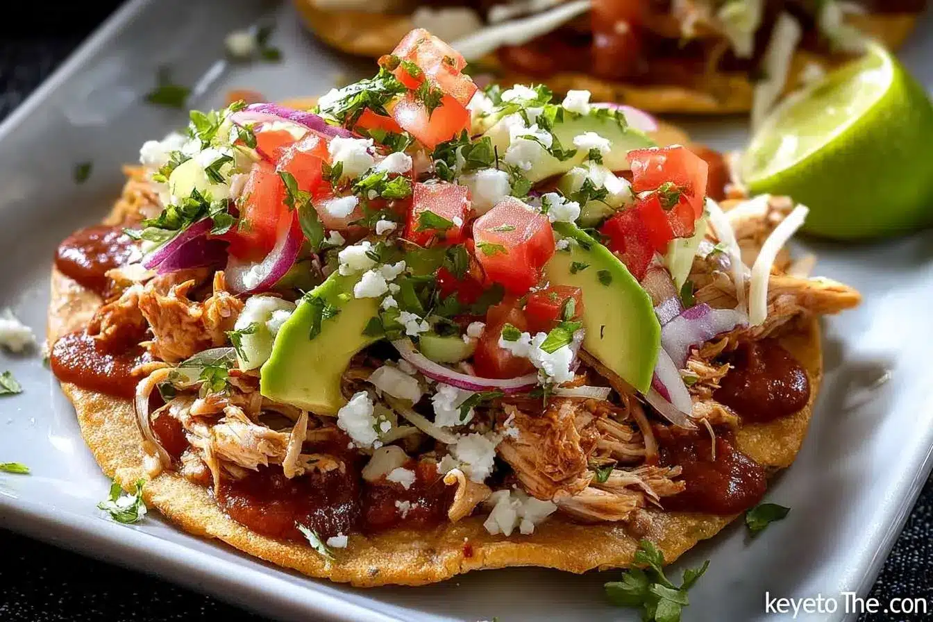 A close-up of a crispy tostada piled with shredded chicken, avocado, tomato, and cheese, illustrating a delicious chicken tostada recipe.
