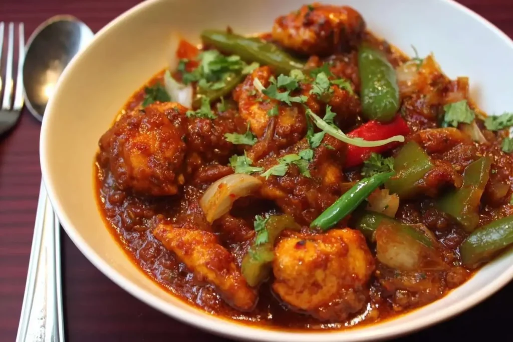 A close-up shot of a delicious chicken jalfrezi served in a white bowl with fresh peppers, onions, and cilantro.