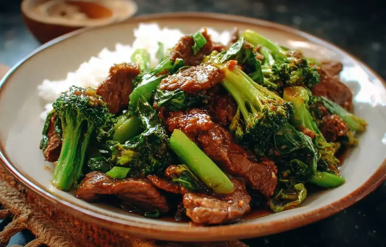 A close-up shot of a delicious beef and broccoli stir fry served with white rice in a rustic, earth-toned bowl.
