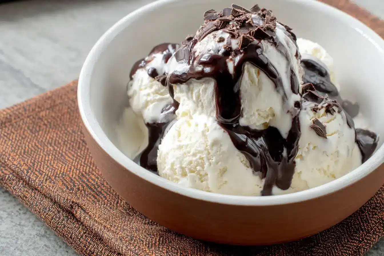 A white bowl filled with scoops of vanilla ice cream with chocolate sauce and topped with chocolate shavings, on a brown napkin.