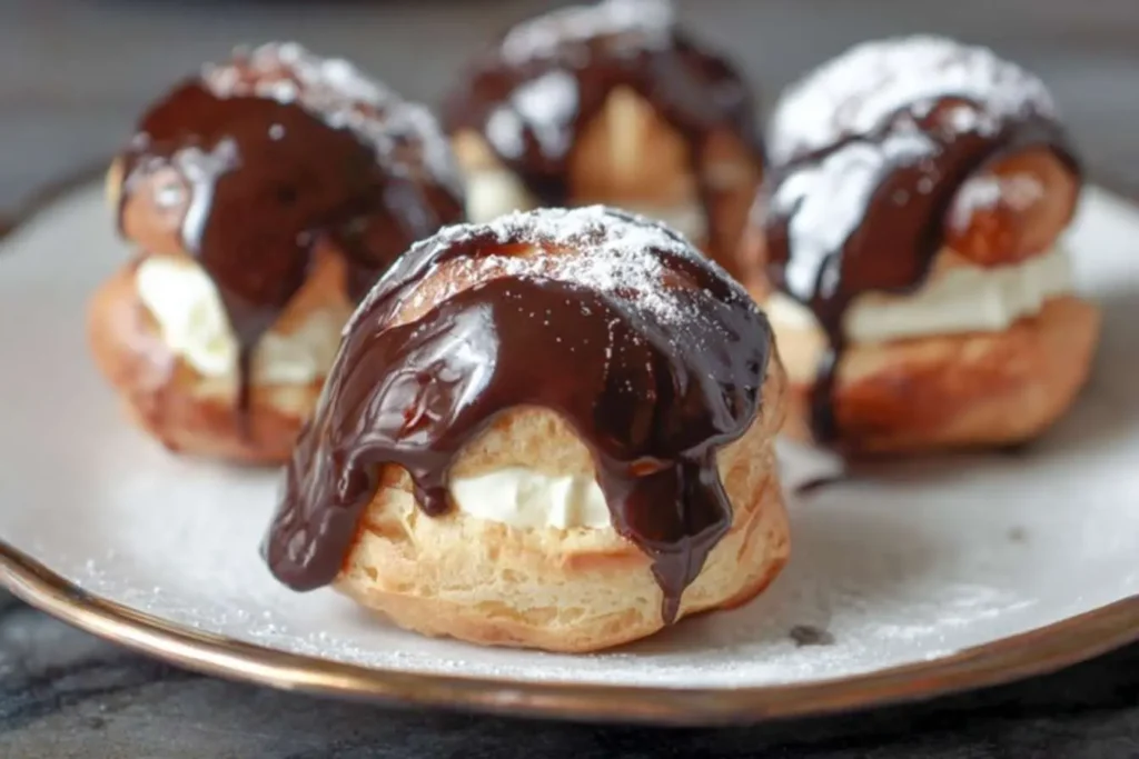 A close-up of several profiteroles on a plate, filled with cream and topped with a rich chocolate glaze and powdered sugar.