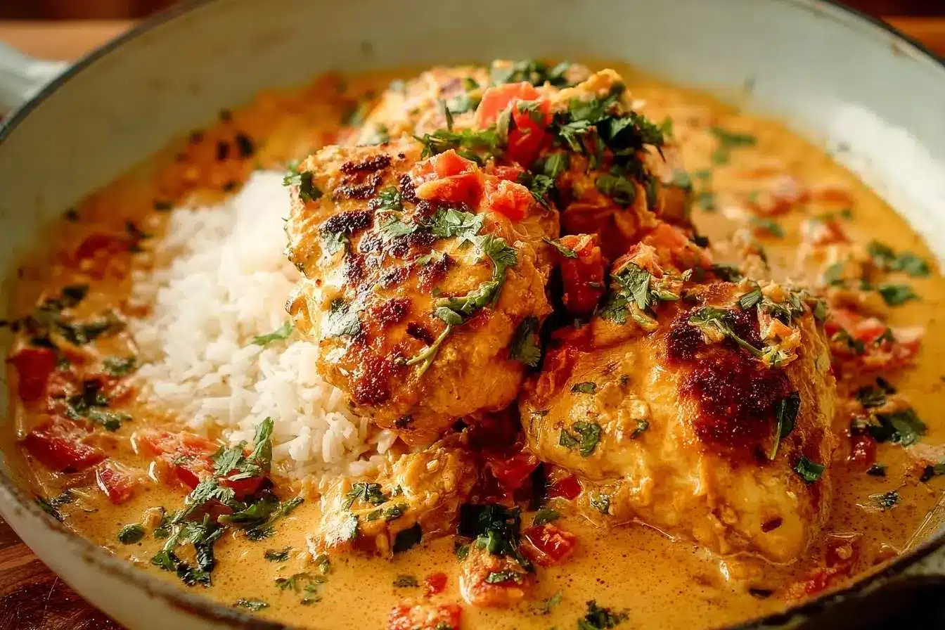 A close-up of creamy Marry Me Chicken served over rice in a skillet, garnished with fresh herbs and diced tomatoes.