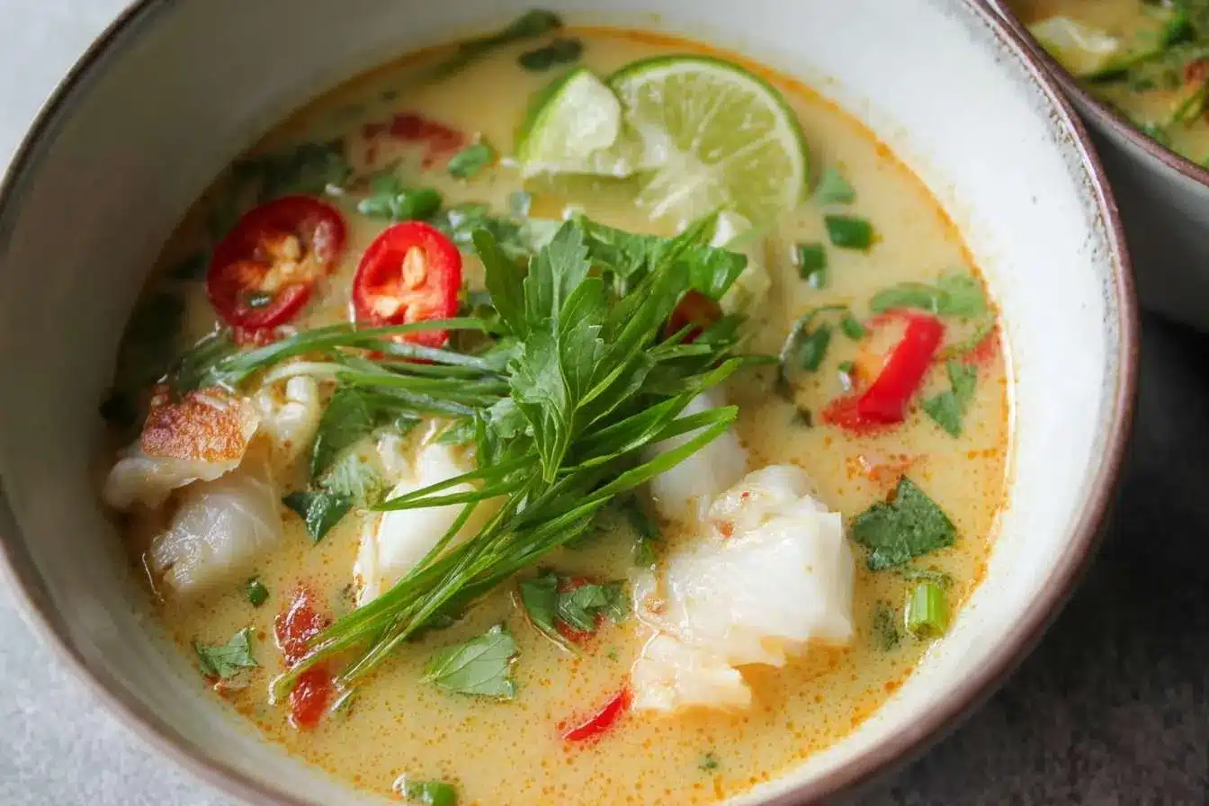 A rustic bowl of Thai Coconut Fish Soup, garnished with flaky white fish, fresh herbs, sliced red chili, and lime wedges.