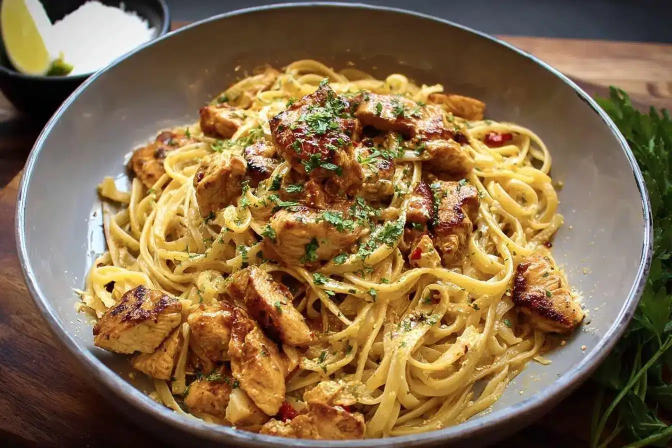 A close-up shot of a delicious bowl of creamy chicken linguine, topped with grilled chicken pieces and garnished with fresh herbs.