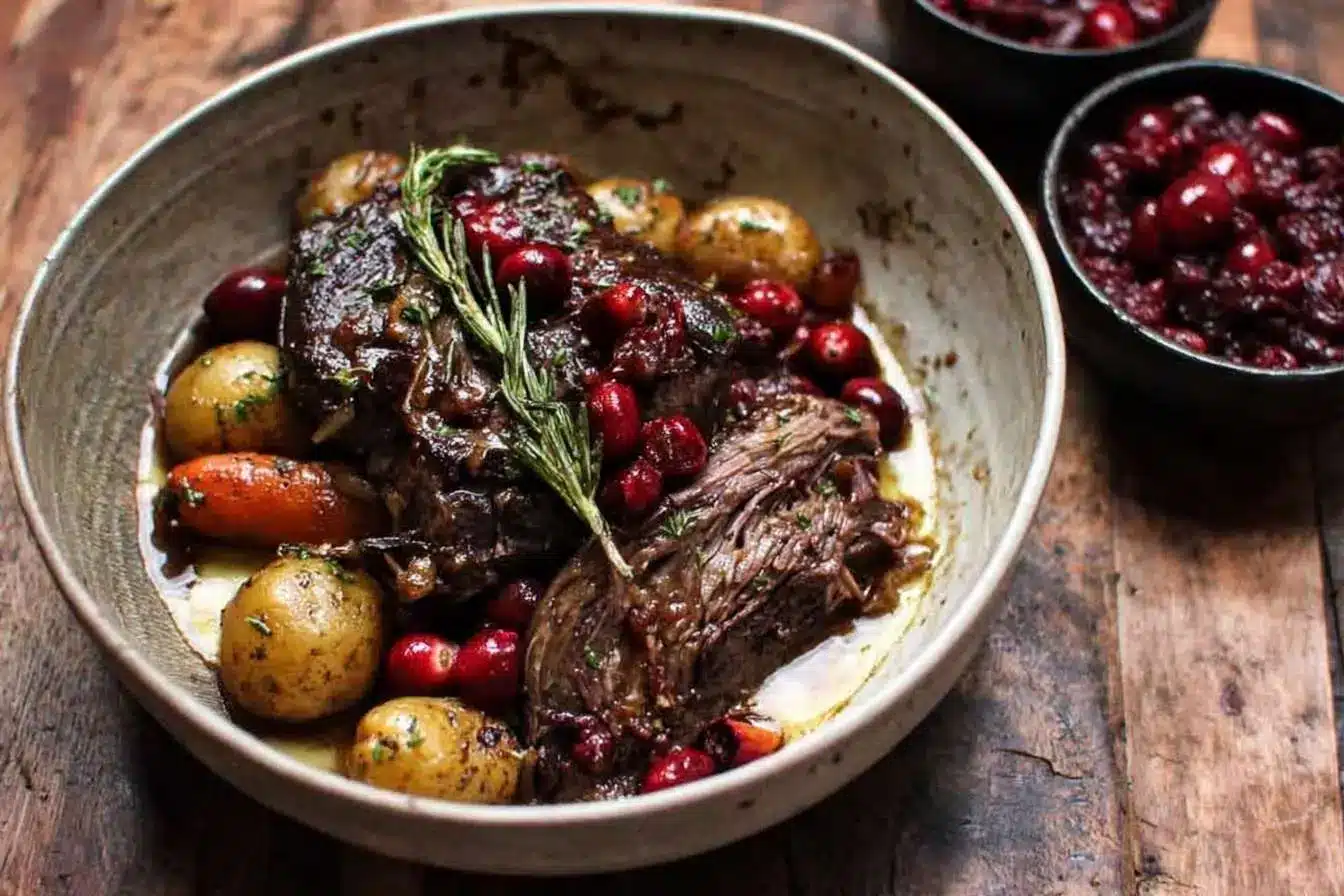 A rustic bowl of tender Cranberry Pot Roast served with baby potatoes, carrots, and a sprig of fresh rosemary garnish.
