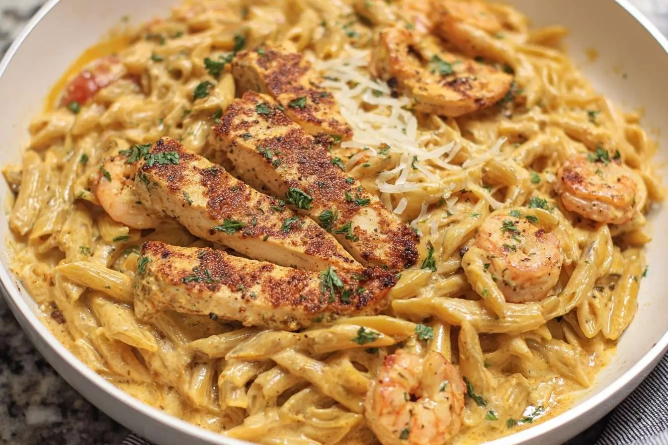 A close-up shot of a pan of creamy Cajun Chicken and Shrimp Pasta, garnished with fresh parsley and shredded cheese.