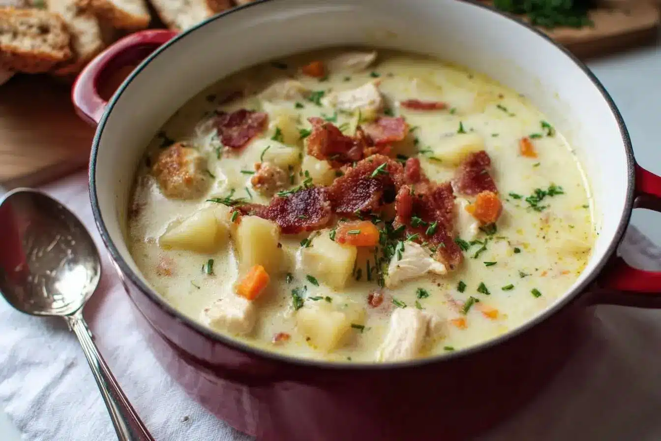 A red pot of creamy {{ $('Fetch Recipe Data').first().json["Main Keyword"] }} loaded with chicken, potatoes, and topped with crispy bacon.