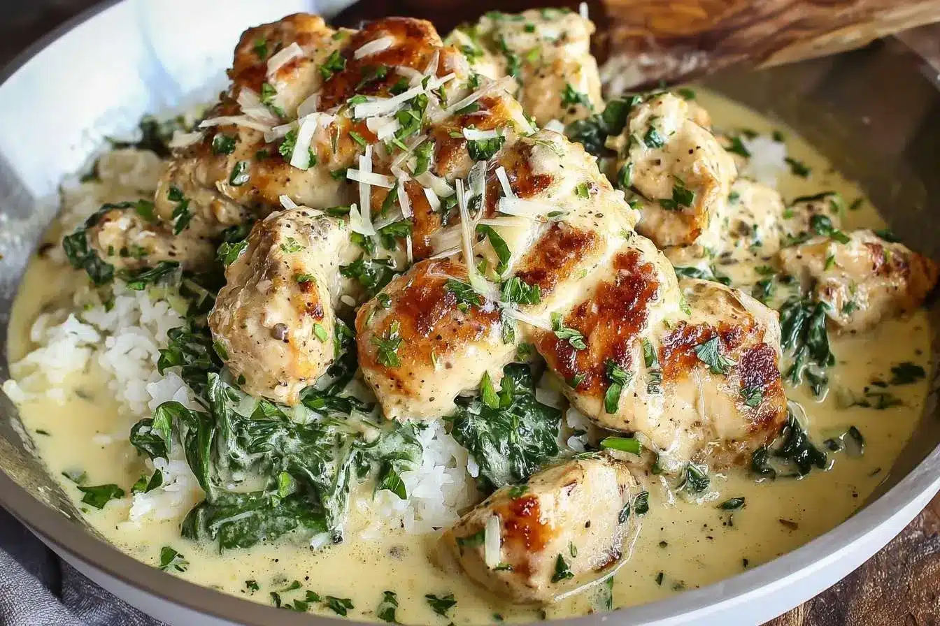 A skillet of Creamy Tuscan chicken with spinach and parmesan, served over a bed of white rice and garnished with fresh parsley.
