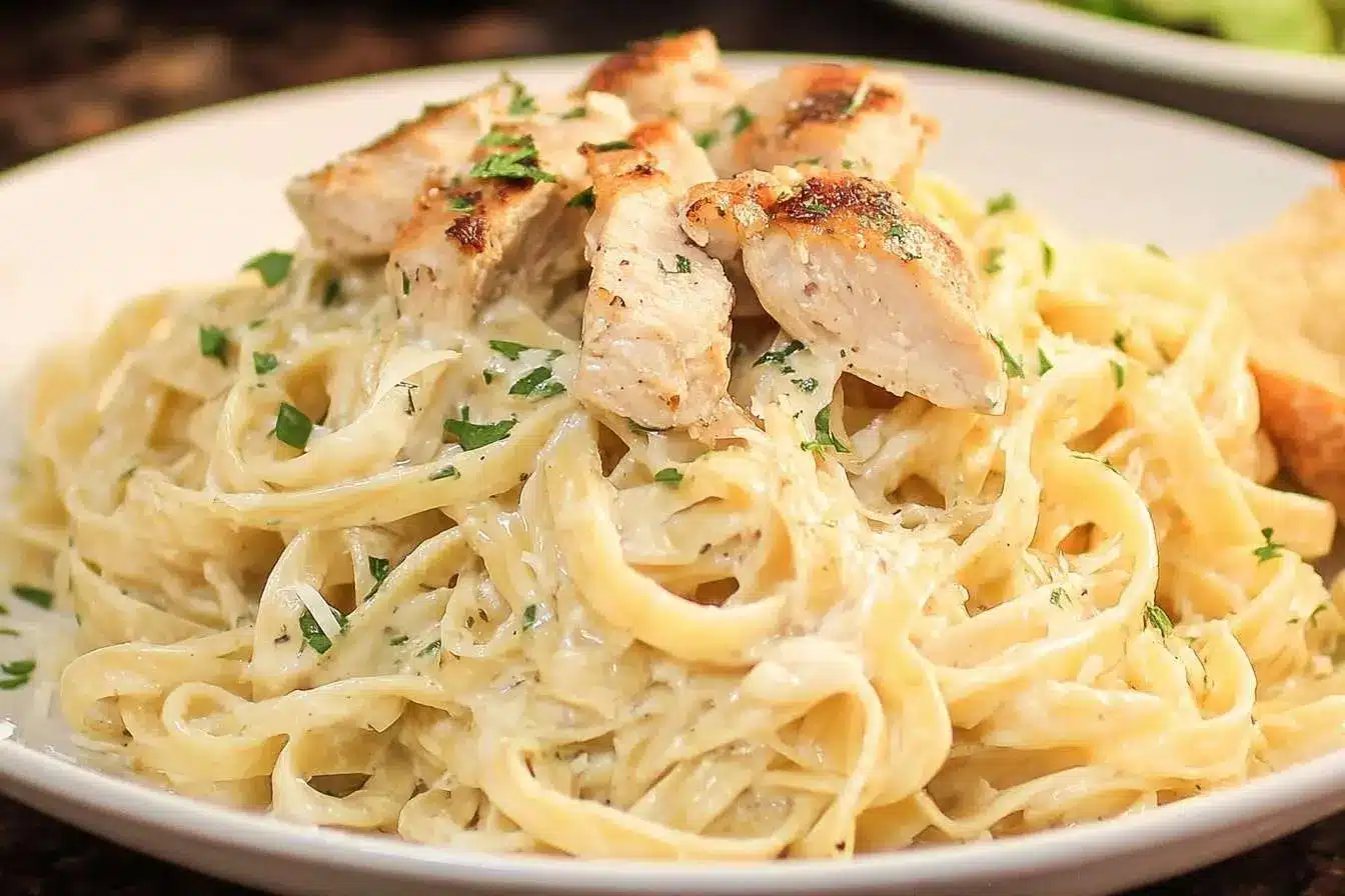 A close-up of a white plate filled with creamy Chicken Alfredo, topped with sliced grilled chicken and garnished with fresh parsley.